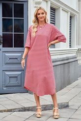 Lovelet Contrast Striped Half Sleeve Midi Tee Dress Red OutfitFlow